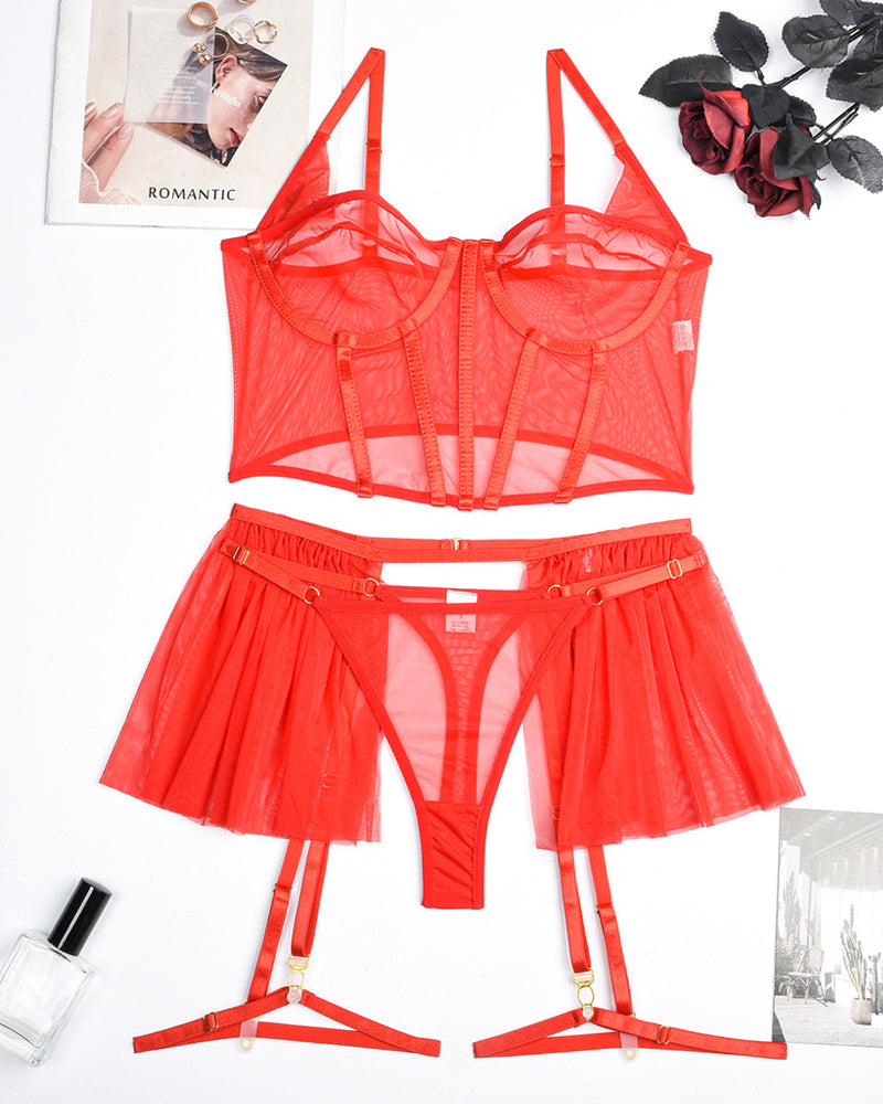 Alluring Three-Piece Sheer Mesh Pajama Set