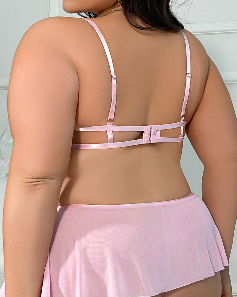 Plus Size Floral Lace Hollow Out Mesh See-Through Pajama Set