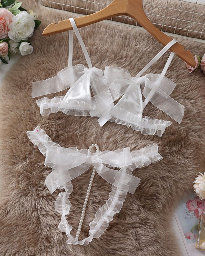 Lingerie Set with Lace Mesh, Bow Tie, and Pearl Accents