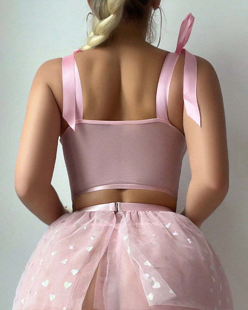 Heart-Shaped Sheer Mesh Pajama Set with 3D Floral Accents and Fishnet Socks