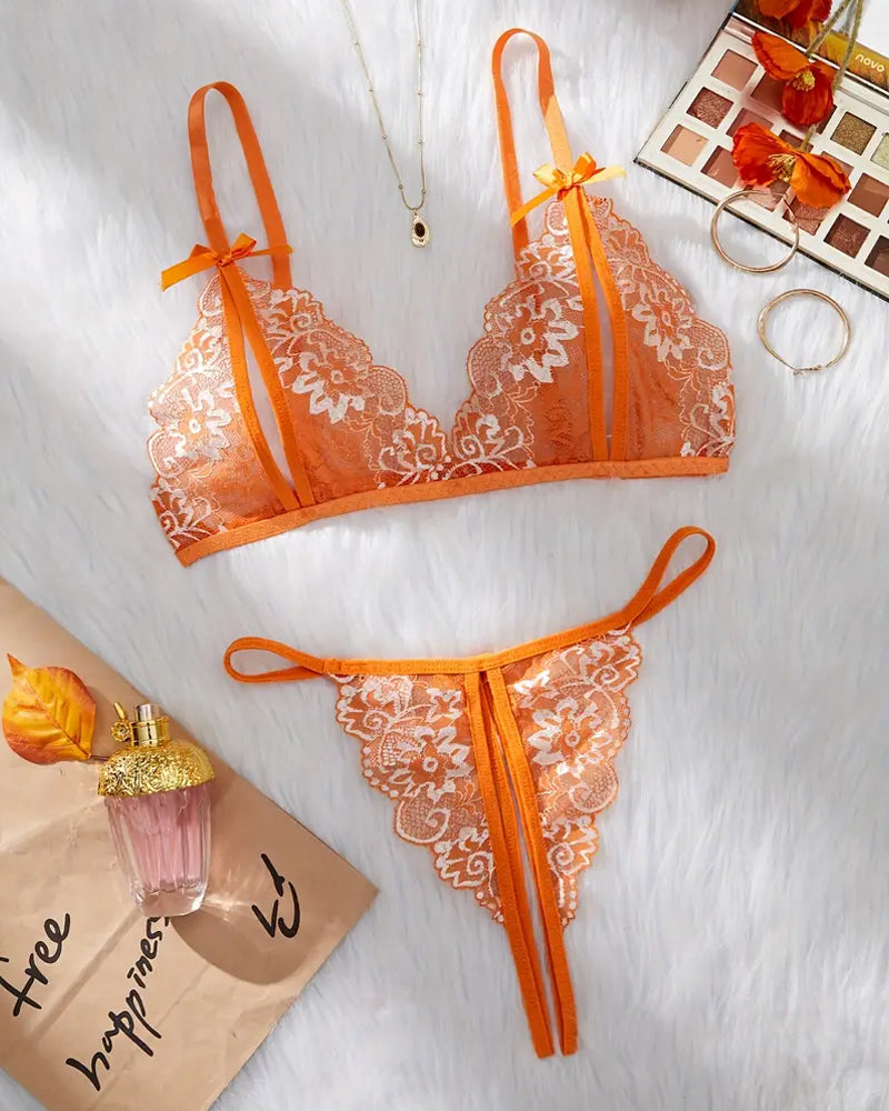 Alluring Floral Lace Bra with Open Cups and Crotchless Thong Set