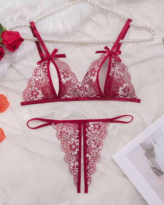Alluring Floral Lace Bra with Open Cups and Crotchless Thong Set