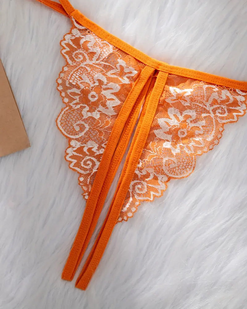 Alluring Floral Lace Bra with Open Cups and Crotchless Thong Set