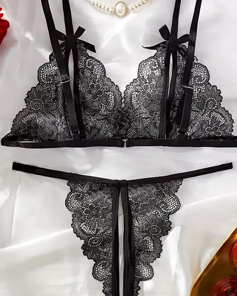 Alluring Floral Lace Bra with Open Cups and Crotchless Thong Set