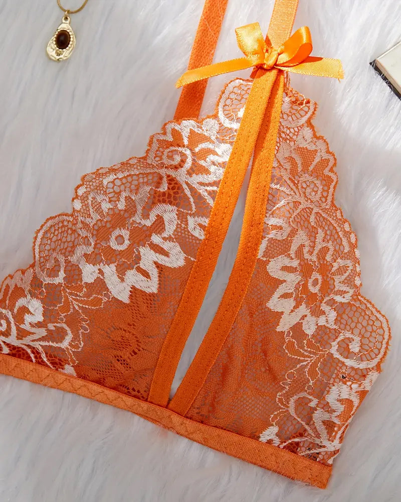 Alluring Floral Lace Bra with Open Cups and Crotchless Thong Set