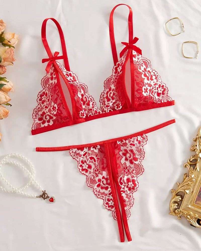 Alluring Floral Lace Bra with Open Cups and Crotchless Thong Set