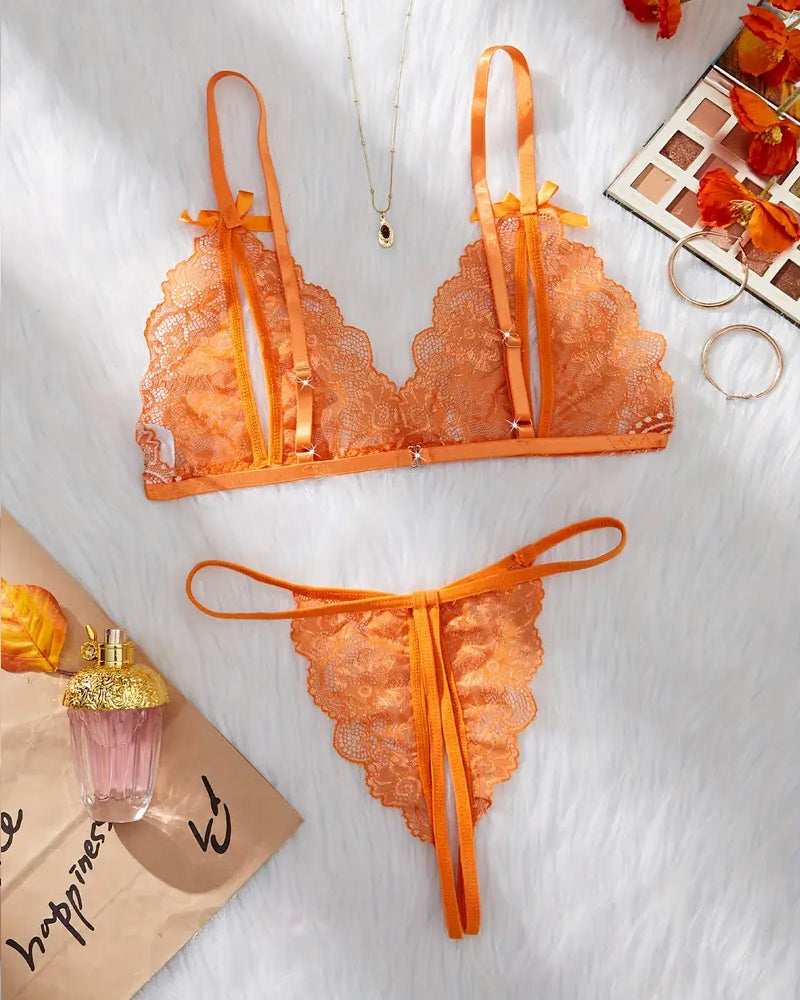 Alluring Floral Lace Bra with Open Cups and Crotchless Thong Set