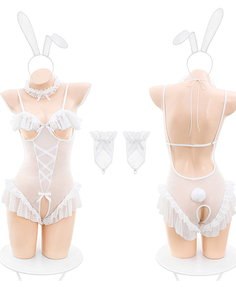 Alluring Lace Bodysuit Set with Open Crotch and Bunny Design
