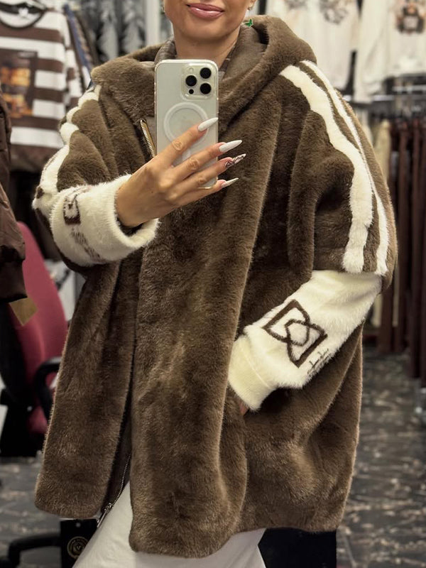 Women's Casual Hooded Coat with Vertical Stripe Print in Plush Fabric