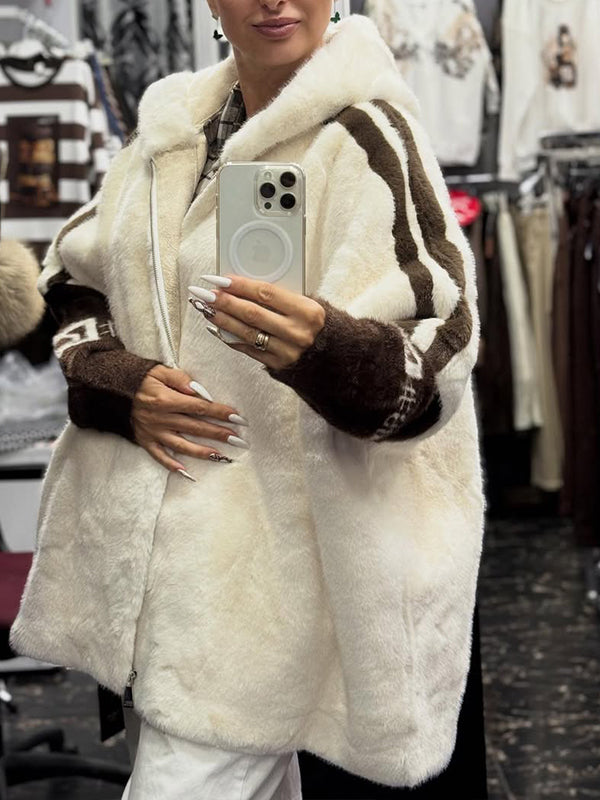 Women's Casual Hooded Coat with Vertical Stripe Print in Plush Fabric