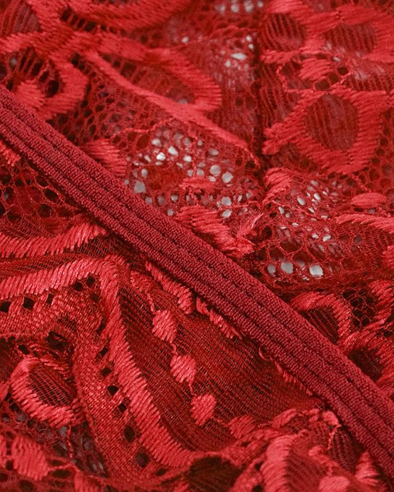 Seductive Deep V Floral Lace One-Piece Pajamas with Cross-Back and Open Crotch Design