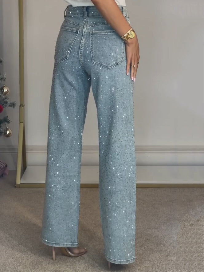 Straight Leg Jeans with High Waist and Diamanté Details