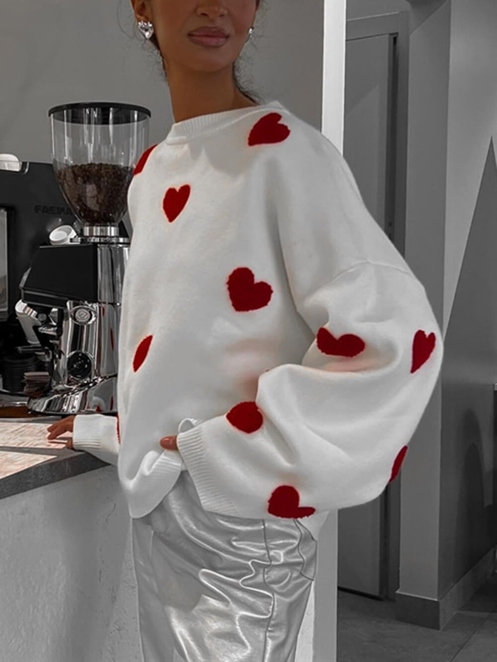 Cozy Heart Pattern Knit Sweatshirt