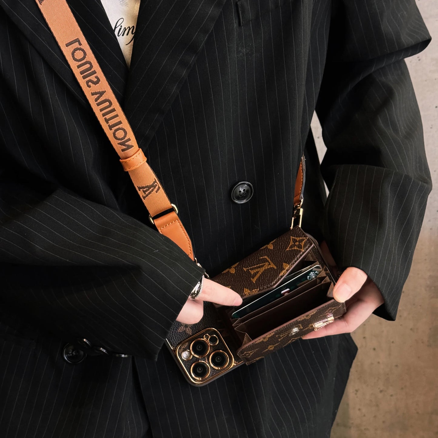 Luxury Leather iPhone Case with Built-in Wallet and Removable Strap