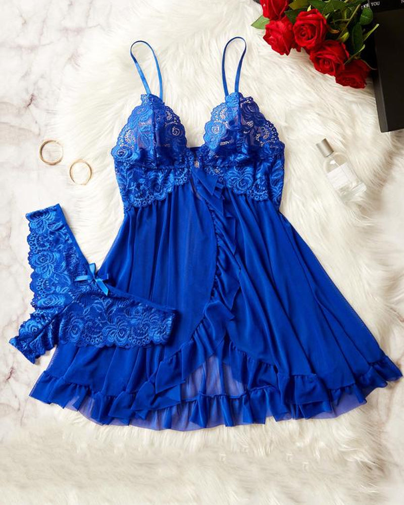 Lace Ruffle Suspender Nightdress and Panty Set for Women