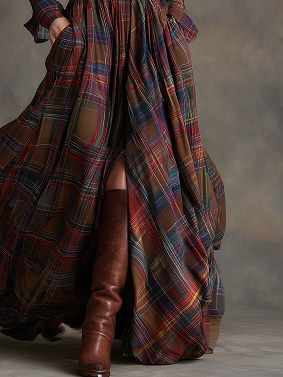Vintage-Inspired Reddish Brown Plaid Maxi Dress with Lapel