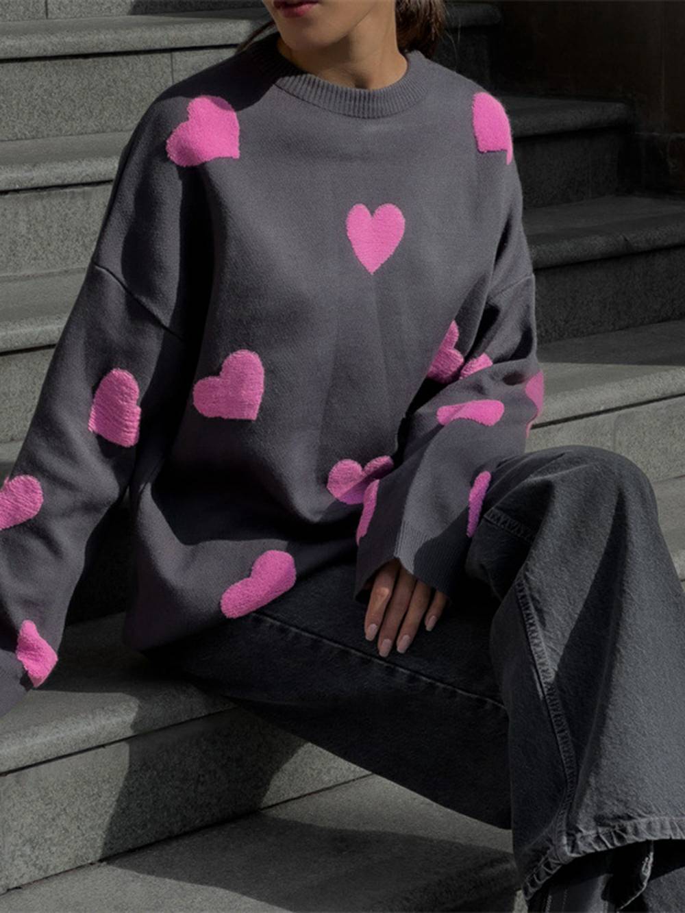Cozy Heart Pattern Knit Sweatshirt