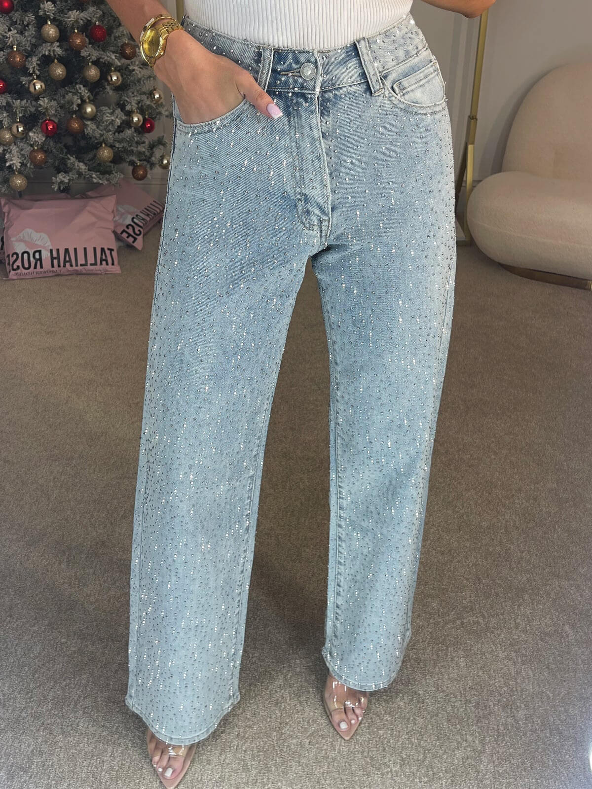 Straight Leg Jeans with High Waist and Diamanté Details