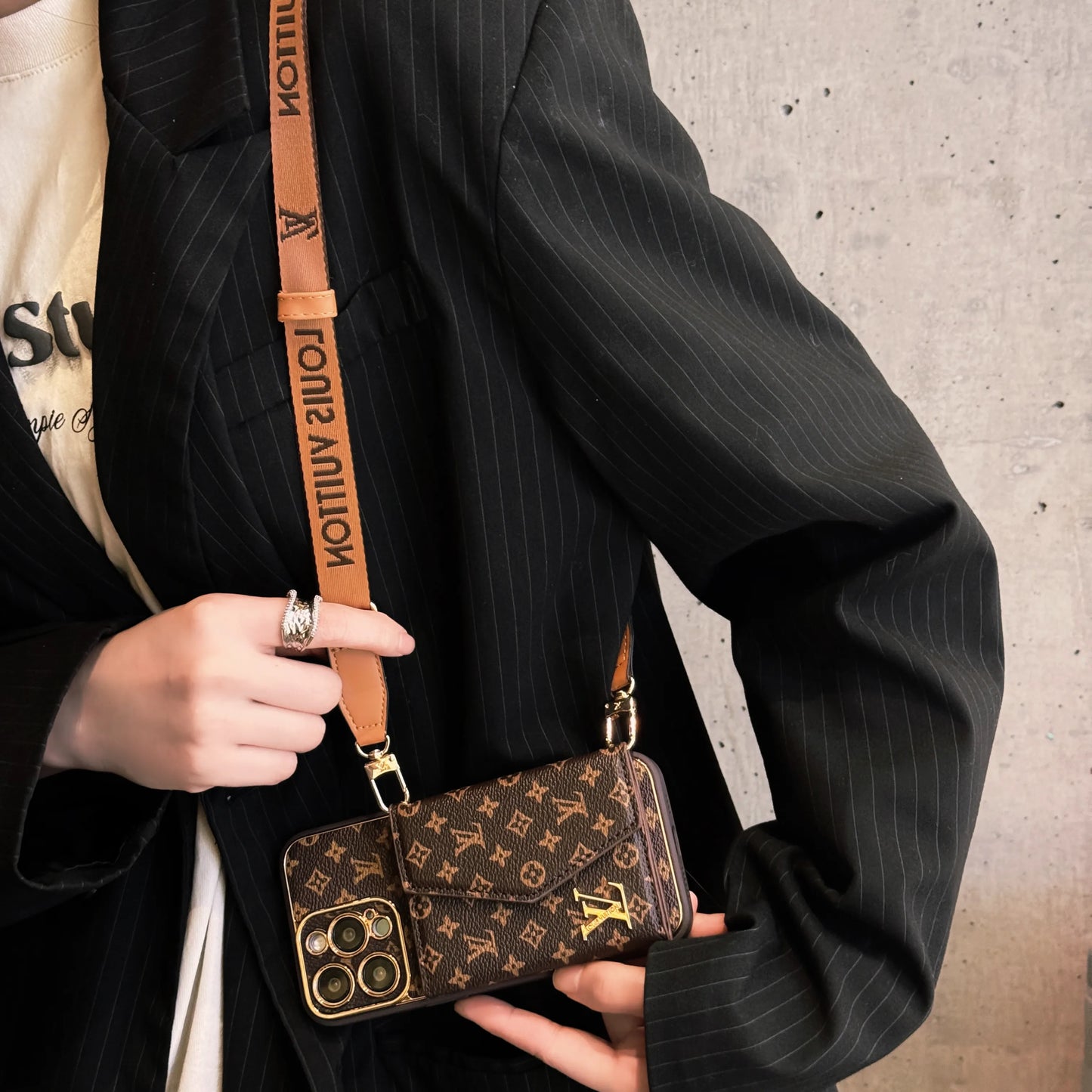 Luxury Leather iPhone Case with Built-in Wallet and Removable Strap