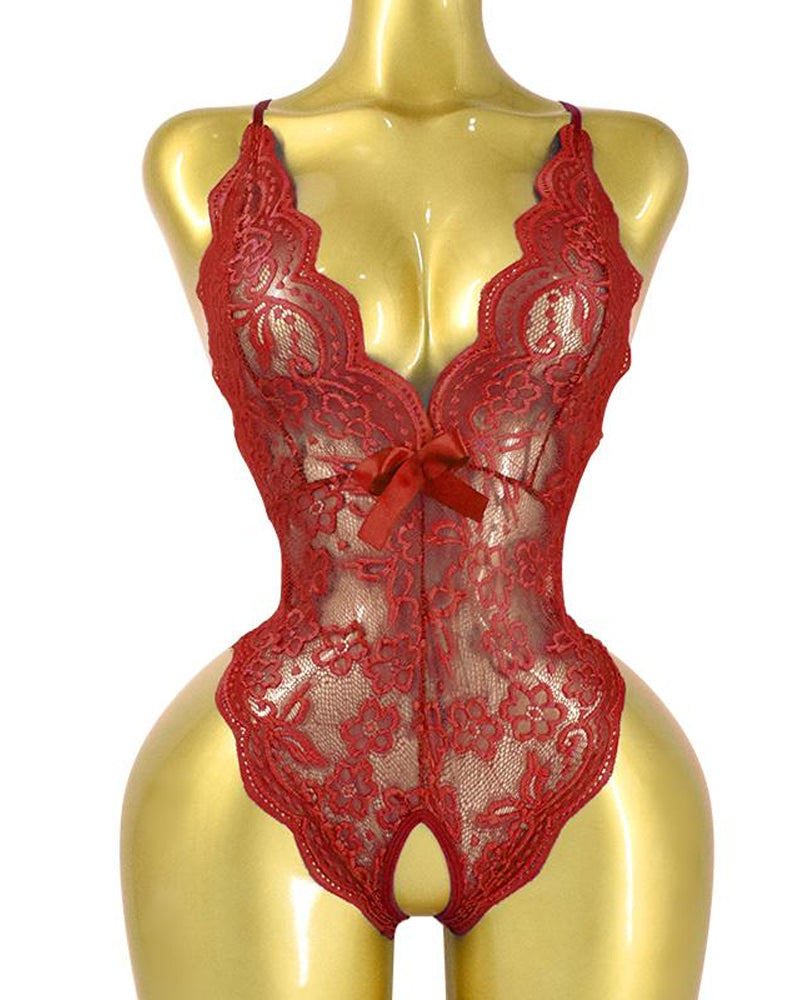 Seductive Deep V Floral Lace One-Piece Pajamas with Cross-Back and Open Crotch Design