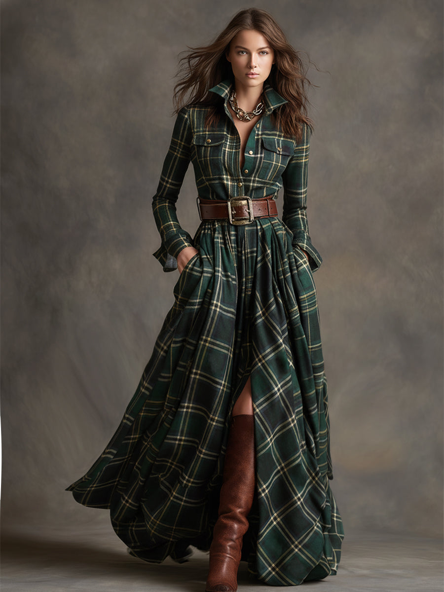 Vintage-Inspired Reddish Brown Plaid Maxi Dress with Lapel