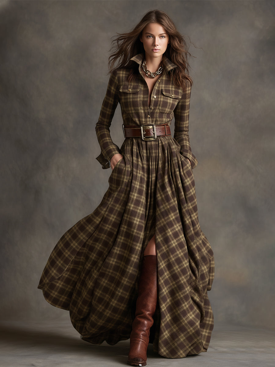Vintage-Inspired Reddish Brown Plaid Maxi Dress with Lapel