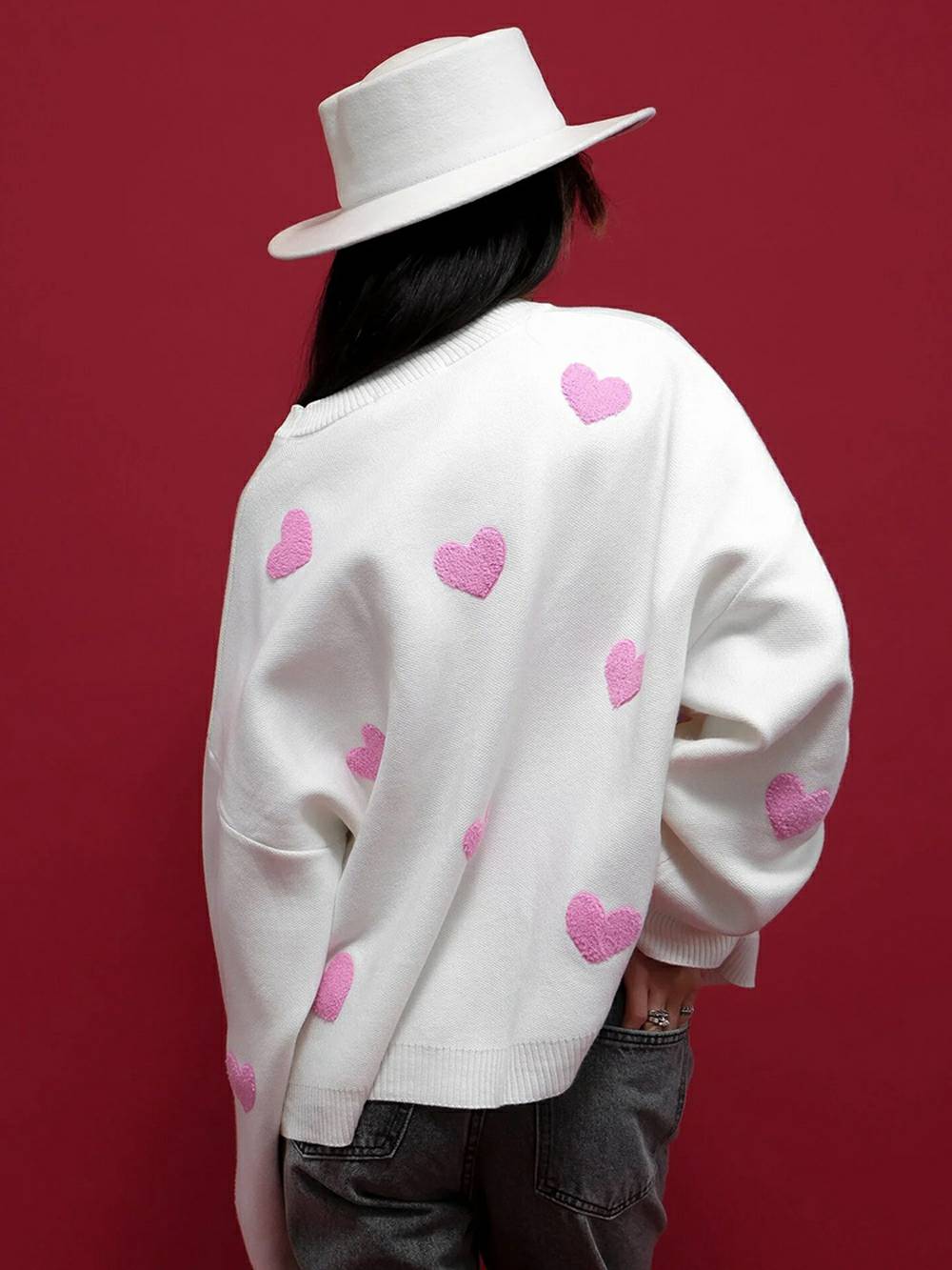Cozy Heart Pattern Knit Sweatshirt
