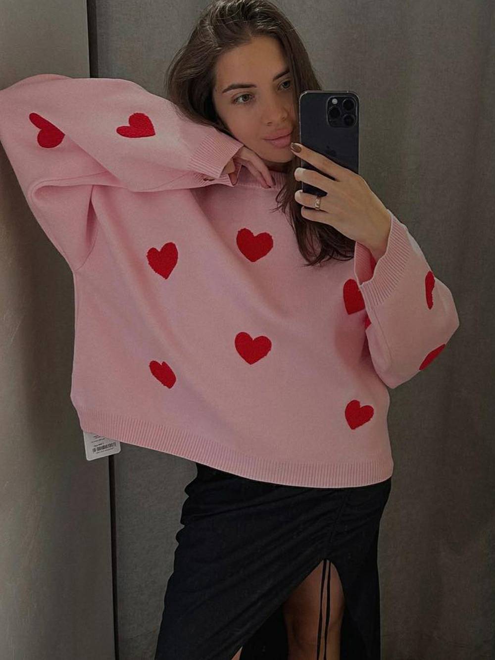 Cozy Heart Pattern Knit Sweatshirt