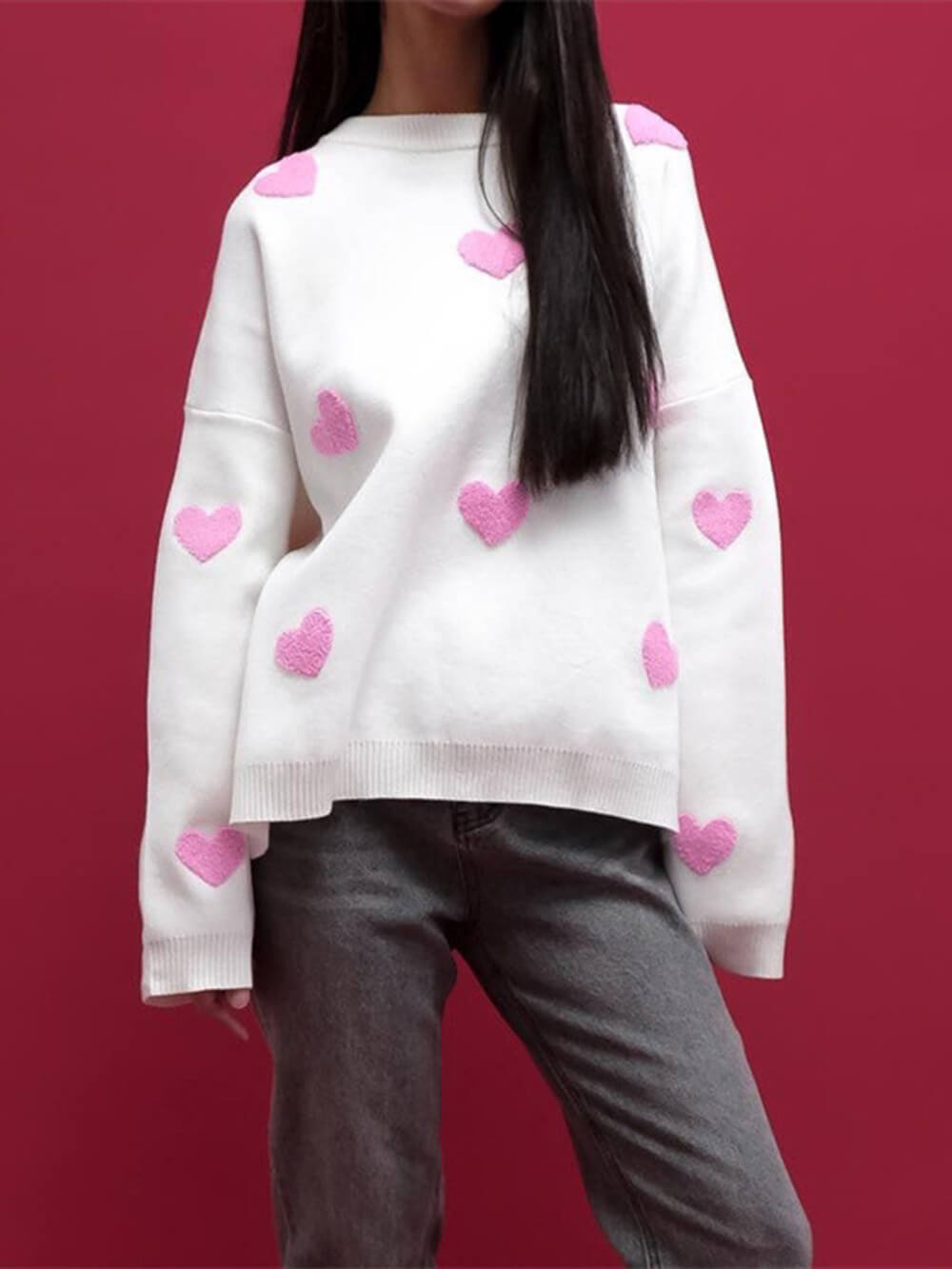 Cozy Heart Pattern Knit Sweatshirt