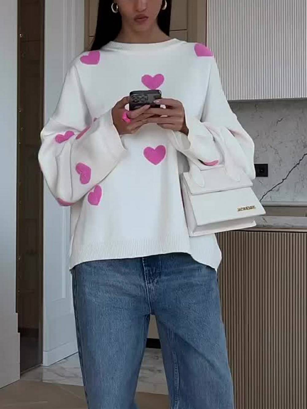 Cozy Heart Pattern Knit Sweatshirt