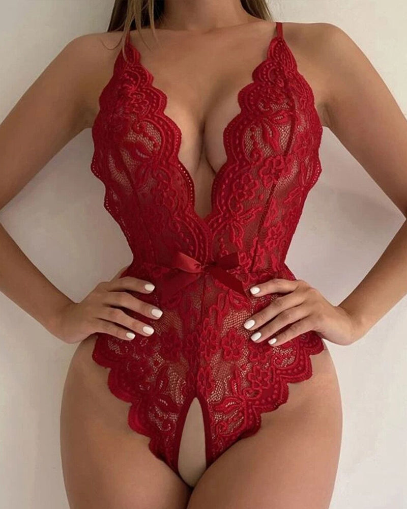 Seductive Deep V Floral Lace One-Piece Pajamas with Cross-Back and Open Crotch Design