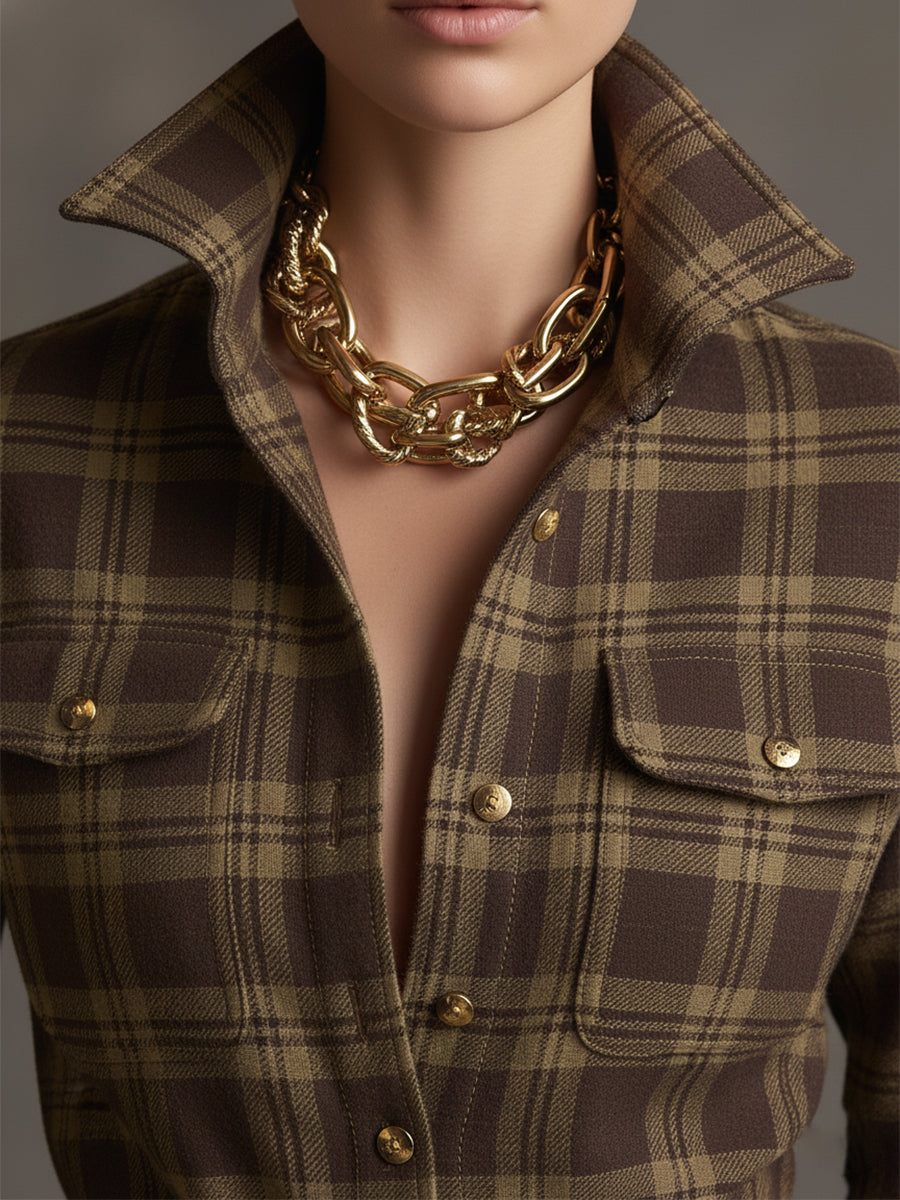 Vintage-Inspired Reddish Brown Plaid Maxi Dress with Lapel