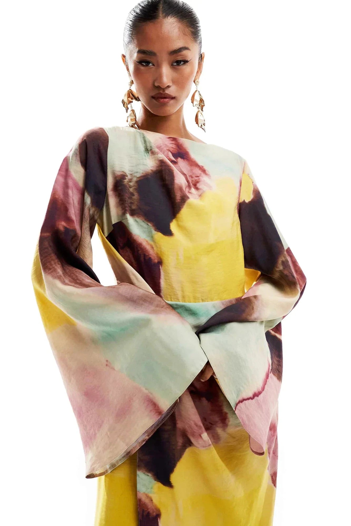 Ultra-Long Dress with Abstract Watercolor Design