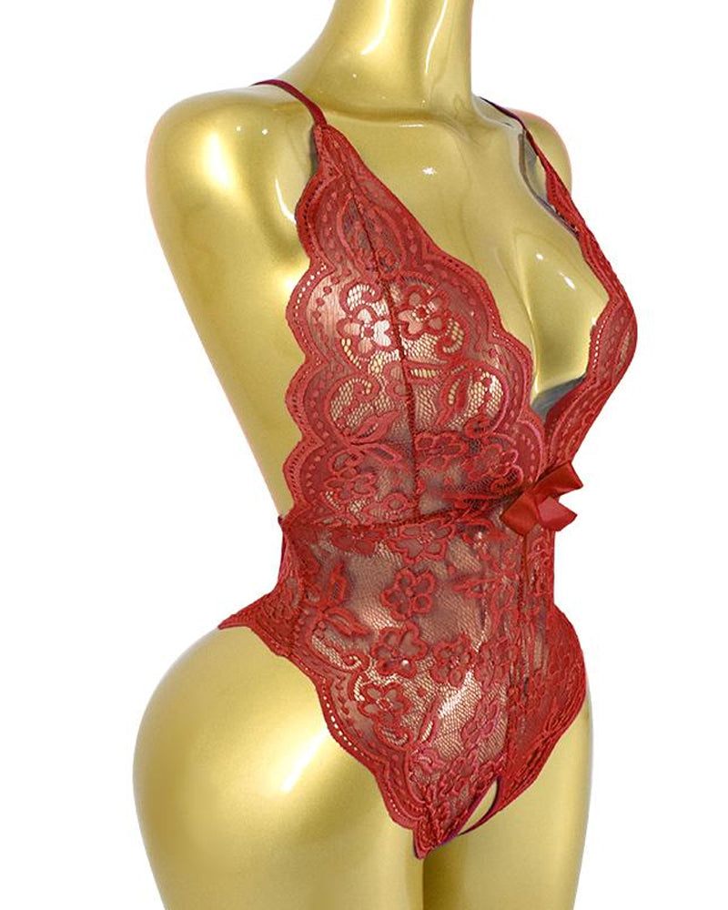 Seductive Deep V Floral Lace One-Piece Pajamas with Cross-Back and Open Crotch Design