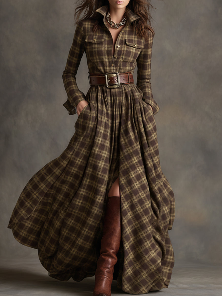 Vintage-Inspired Reddish Brown Plaid Maxi Dress with Lapel