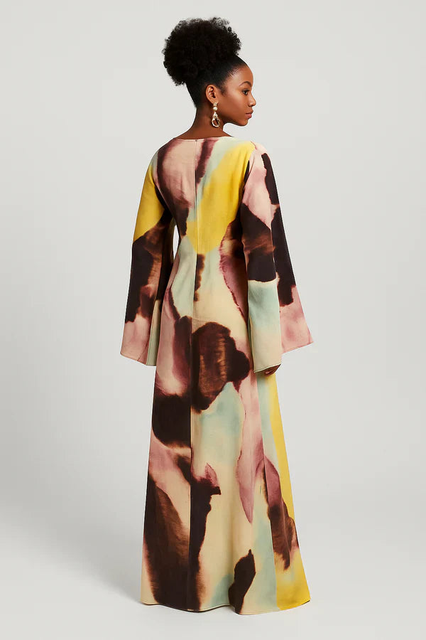 Ultra-Long Dress with Abstract Watercolor Design