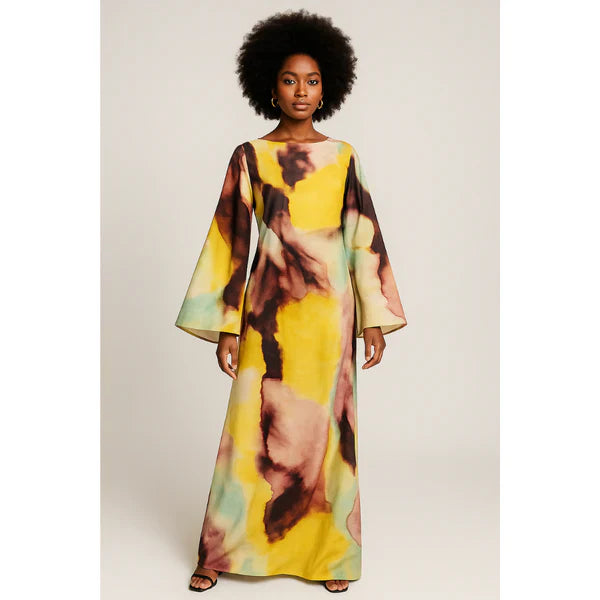 Ultra-Long Dress with Abstract Watercolor Design