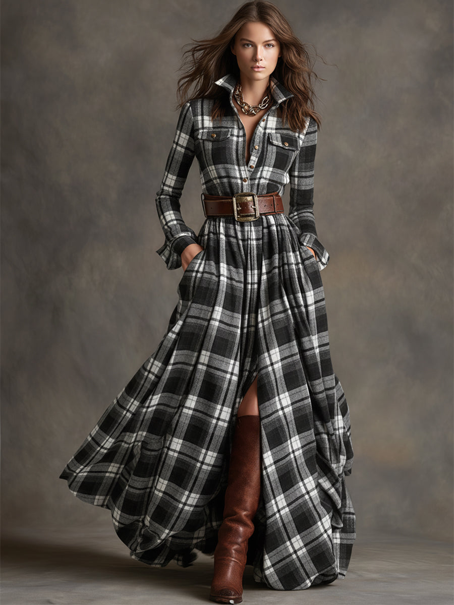 Vintage-Inspired Reddish Brown Plaid Maxi Dress with Lapel