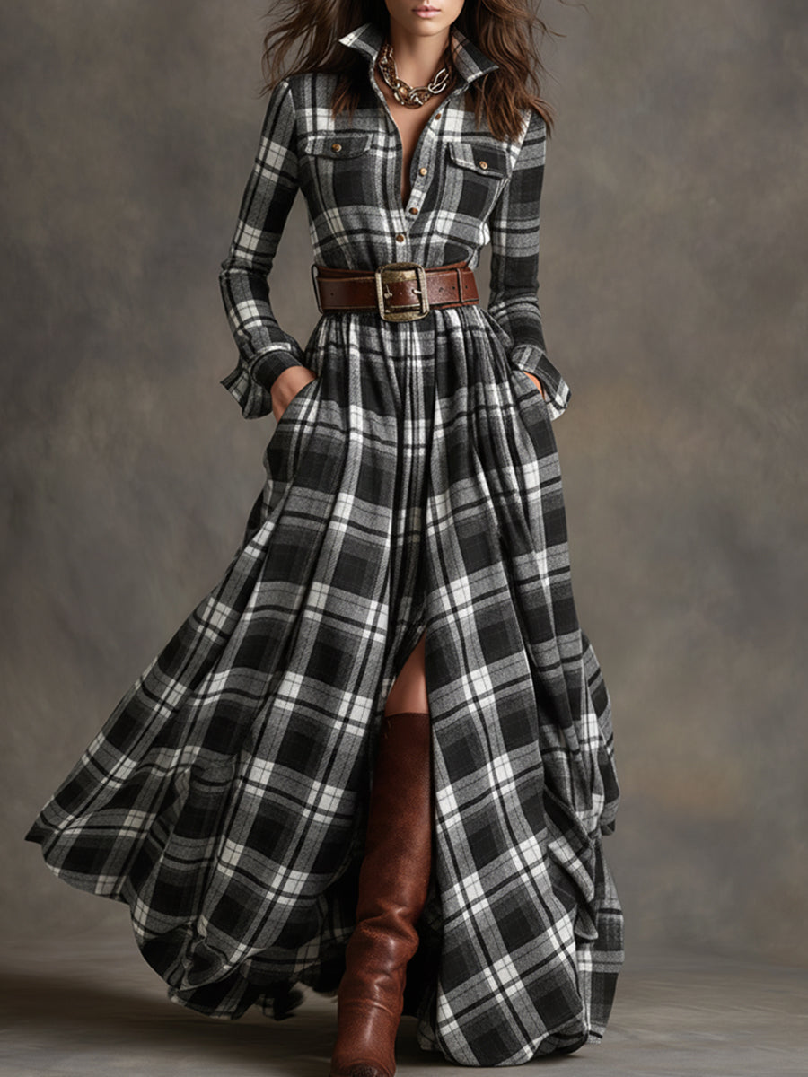 Vintage-Inspired Reddish Brown Plaid Maxi Dress with Lapel