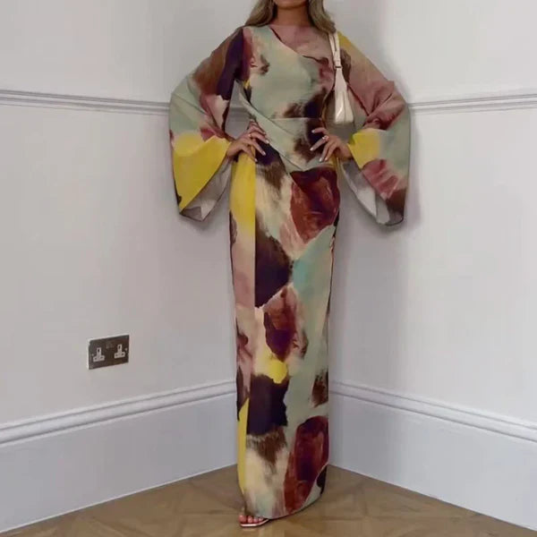 Ultra-Long Dress with Abstract Watercolor Design