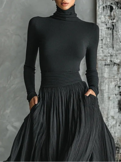 Chic All-Black Turtleneck Tee and Pleated Skirt Ensemble