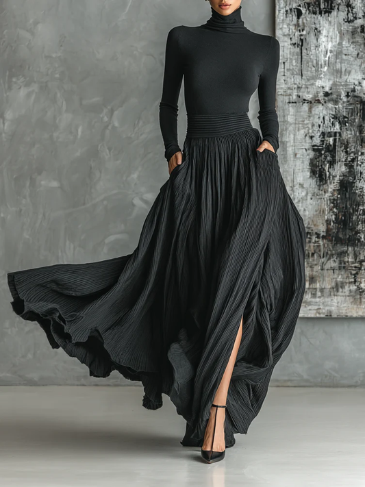Chic All-Black Turtleneck Tee and Pleated Skirt Ensemble