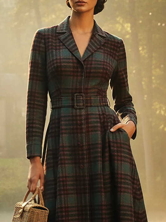 Vintage Long Dress in Dark Red and Green Plaid with Lapel Detail