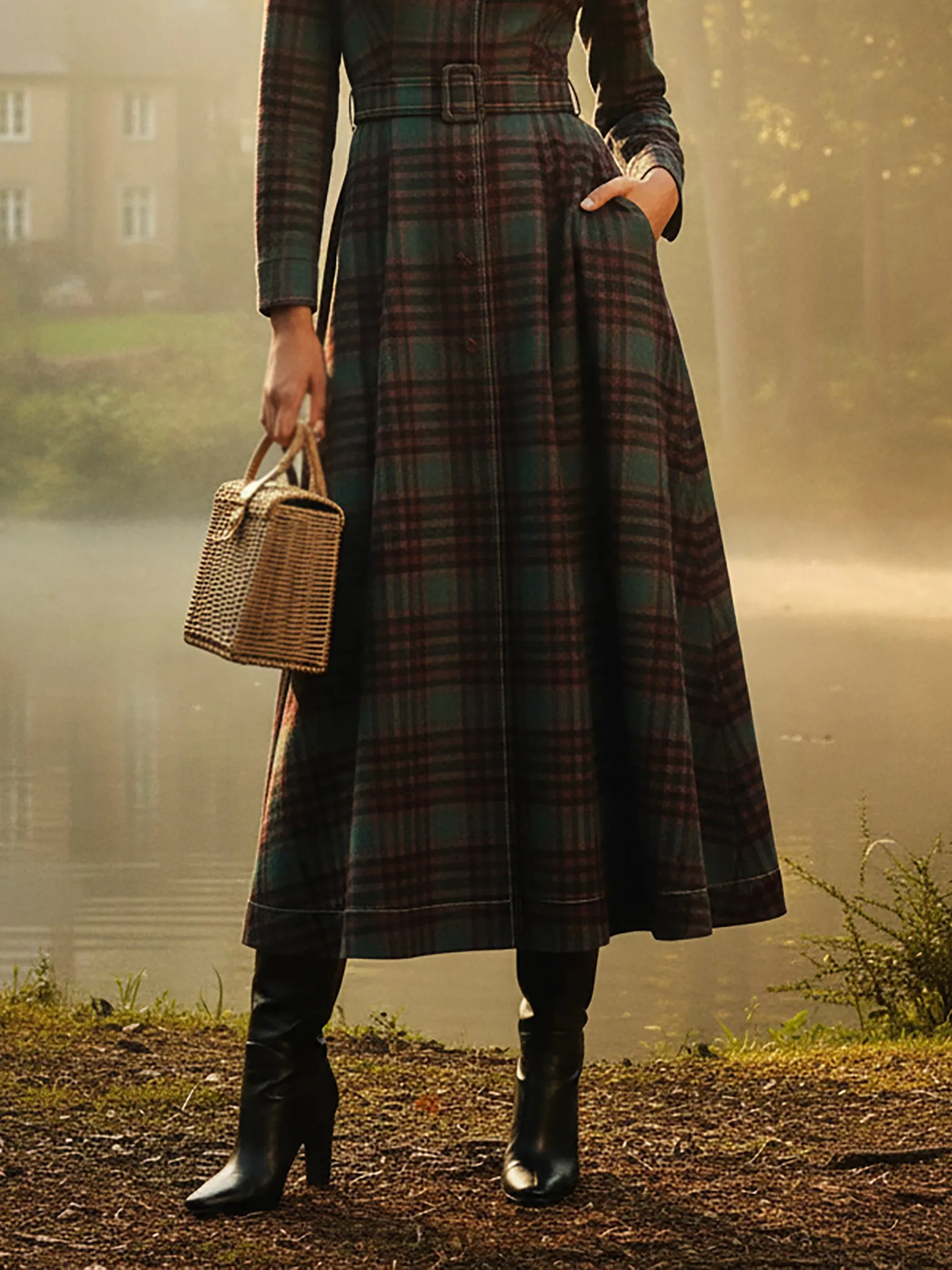 Vintage Long Dress in Dark Red and Green Plaid with Lapel Detail