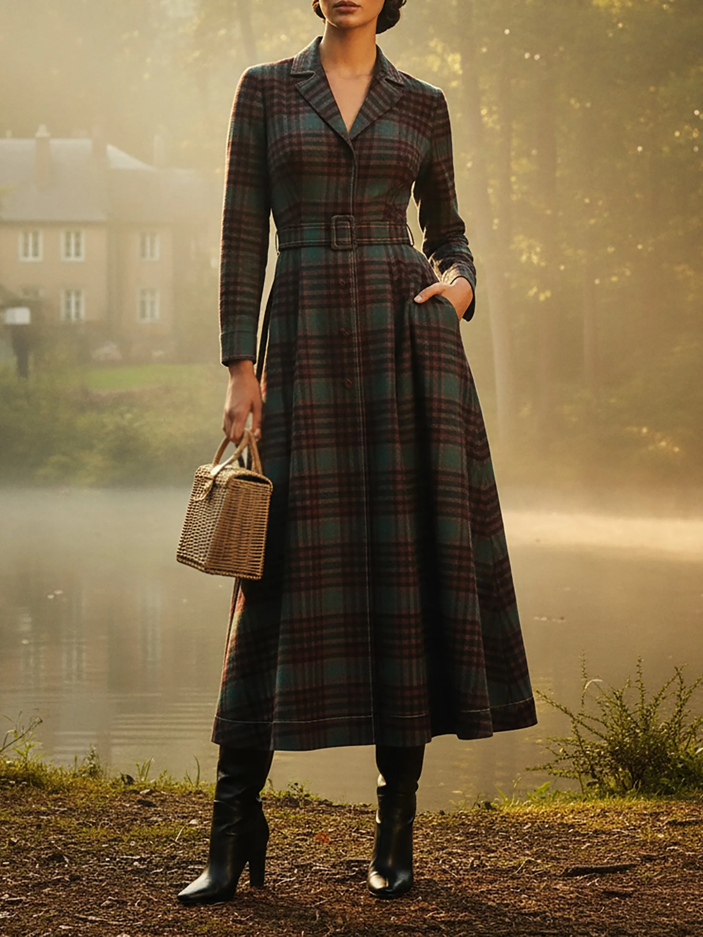 Vintage Long Dress in Dark Red and Green Plaid with Lapel Detail