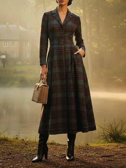 Vintage Long Dress in Dark Red and Green Plaid with Lapel Detail