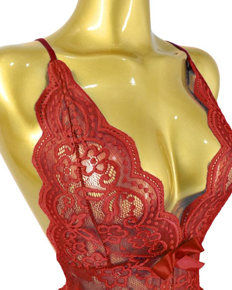 Seductive Deep V Floral Lace One-Piece Pajamas with Cross-Back and Open Crotch Design