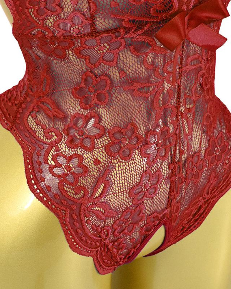 Seductive Deep V Floral Lace One-Piece Pajamas with Cross-Back and Open Crotch Design