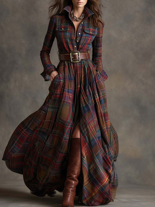 Vintage-Inspired Reddish Brown Plaid Maxi Dress with Lapel