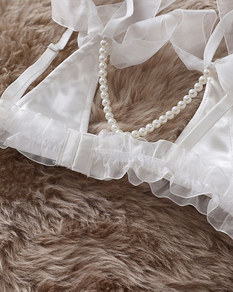 Lingerie Set with Lace Mesh, Bow Tie, and Pearl Accents